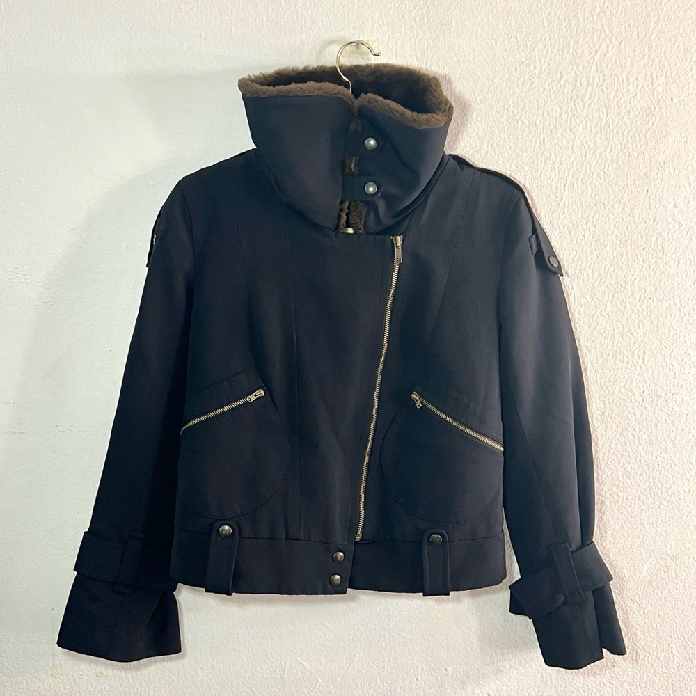 French Connection Black Structured Jacket with Brown Fur Collar High Neck Size 4